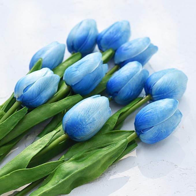 FiveSeasonStuff Real Touch Tulips Artificial Flowers – 15 Stems Faux Tulip Bouquet in Gift Box for Wedding, Home Decor, Party, Floral Arrangements (Maya Blue)