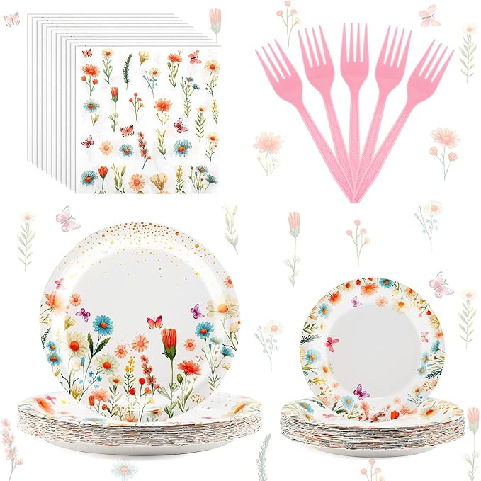 96 PCS Spring Wildflower Party Tableware Supplies, Disposable Floral Paper Plates Napkins Set for Picnic Baby Shower Birthday Wedding Thanksgiving Christmas Tea Party Decor Suppies, 24 Guests
