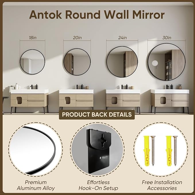 Antok 20 Inch 2PCS Round Mirror for Wall, Round Bathroom Mirror, Circle Wall Mirrors with Black Metal Frame, Circle Mirrors Suitable for Wall, Bathroom, Vanity, Living Room, Entryway