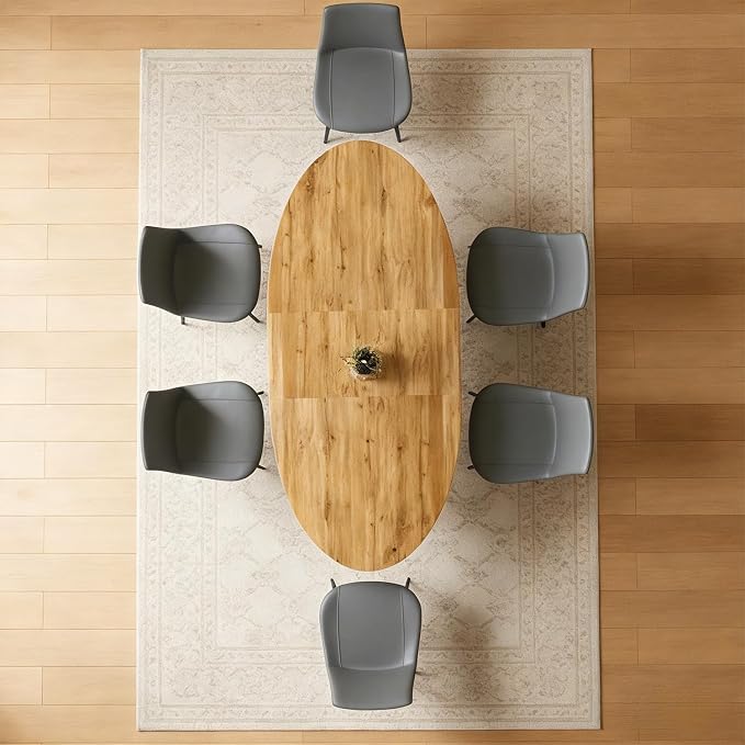 63"-78.7" Extendable Round Dining Table Set for 6, 7 Piece Mid Century Modern Oval Kitchen Table Set, Large Dining Table with 6 Dining Chairs for Living Room Space Saving（Walnut Table+6 Grey Chairs)