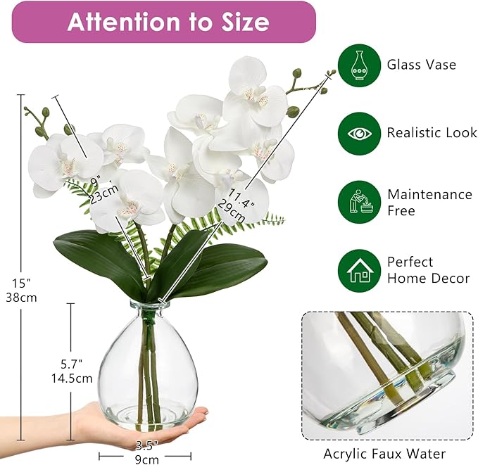Oairse White Orchids Artificial Flowers, Faux Orchid in Glass Vase Real Touch Small Phalaenopsis Orchid Flowers Arrangements with Clear Vase Orchids Centerpiece for Dining Room Table