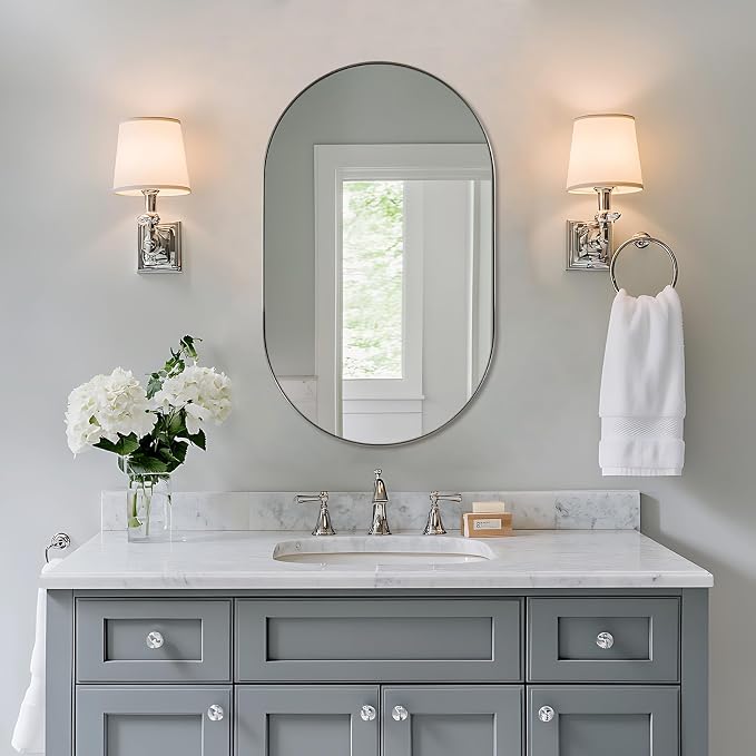 ANDY STAR Brushed Nickel Oval Bathroom Mirror, 20x33 inch Pill-Shaped Mirror for Wall HD Reflection Metal Frame Mirror for Bathroom Hang Vertical or Horizontal
