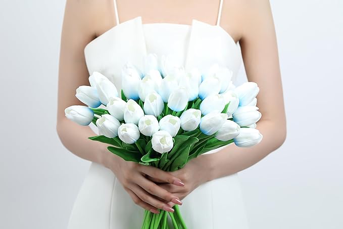 20pcs Blue Tulips Artificial Flowers Fake Silk Tulips Real Touch Flowers for Spring Kitchen Wedding Home Decor Arrangements Easter Decor 14 Inch