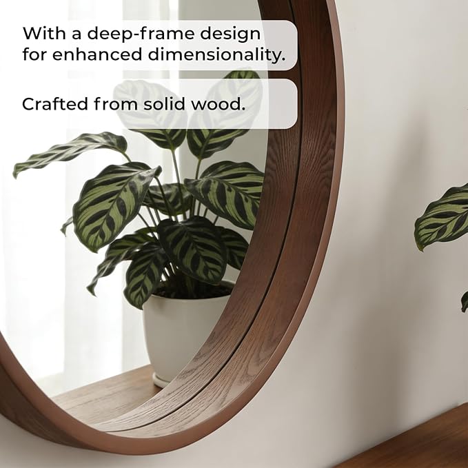 WallBeyond 28 Inch Round Wood Mirror, Large Circle Wooden Frame Wall Mirror for Bathroom, Living Room, Bedroom, Entryway (Walnut)