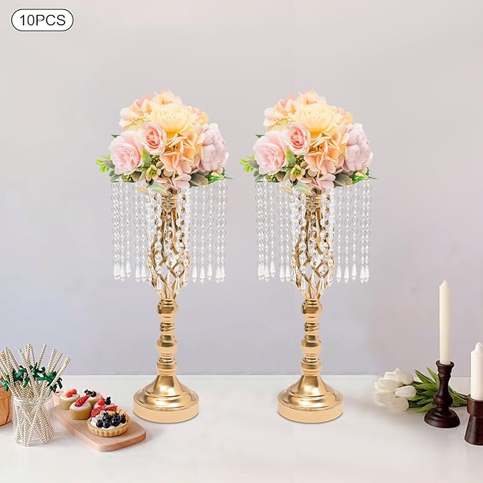 Vase | Bud Vases |10PCS Gold Crystal Flower Stands | Elegant Centerpiece for Weddings & Events | for Wedding Table Centerpieces, Aisle Guides, Party Decorations (Gold)