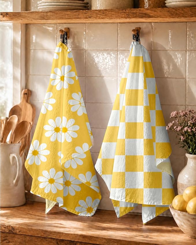 Miss Adola 2 Pack Flour Sack Kitchen Towels - 16x26 Inch Cotton Dish Towels with Hanging Loop Reusable Geometric Modern Retro Tea Towel Absorbent Dishcloths Home Decor, Yellow Daisy