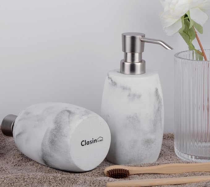 Clasin Home Resin Soap Dispenser Set 2, Refillable Hand Soap Dispenser with White Marble Look and Metallic Pump, Kitchen, Bathroom, Waterproof Labels (12 Oz)