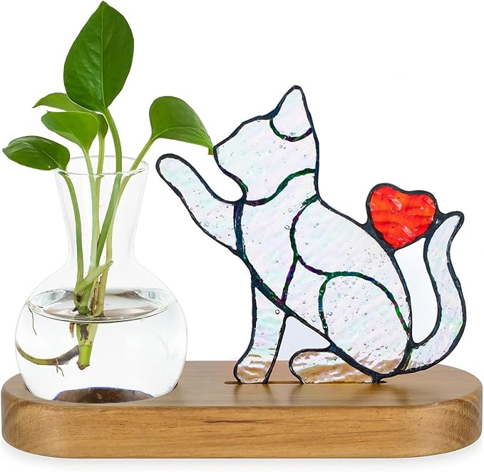 Hewory Handmade Cat Propagation Stations: Iridescent Stained Glass Cat Planter Pot with Wooden Stand for Desktop Decor for Plant Lovers Women
