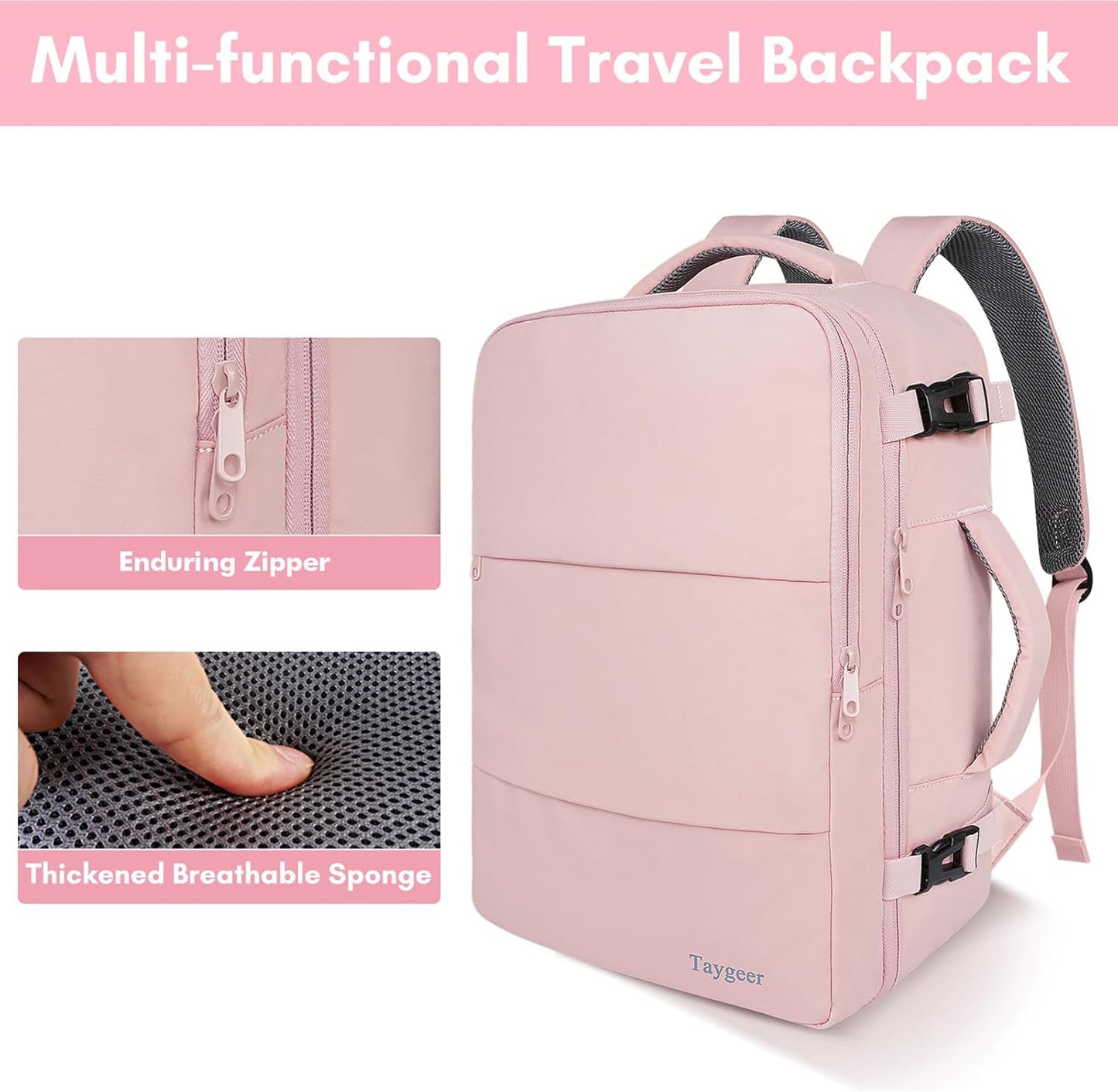 Taygeer Laptop Backpack - Large 17.3-Inch Travel Bag | TSA-Friendly 40L Daypack for Women, Pink