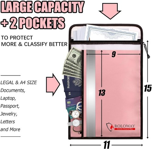 ROLOWAY Fireproof Document Bag - Waterproof Zipper & 2 Pockets | 15 x 11 Inch Pink Fire Safe Envelope for Cash & Legal Documents