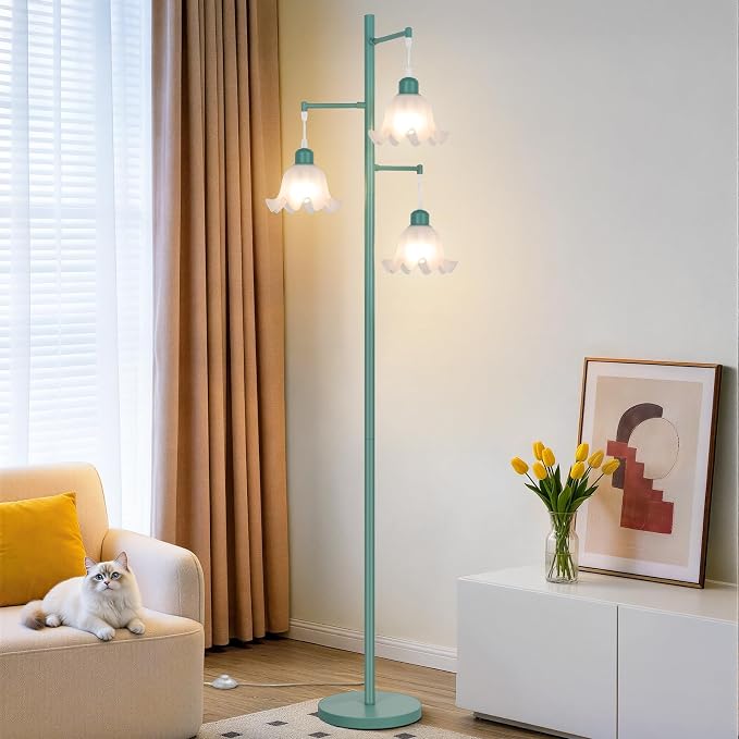 TOBUSA Green Flower Floor Lamp for Living Room, 3-Light Vintage Floor Lamp with 3 LED Bulbs, 68’’ Tall Standing Lamp with White Acrylic Shades, Modern Boho Unique Floral Floor Light for Bedroom Office