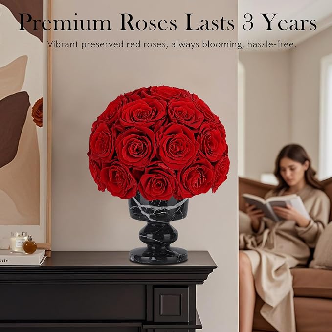 Forever Flowers Preserved Red Roses in Marble Vase, Flower for Delivery, Eternal Roses Gift for Women, Table Centerpiece Flowers for Home Decor Party Living Room Bedroom