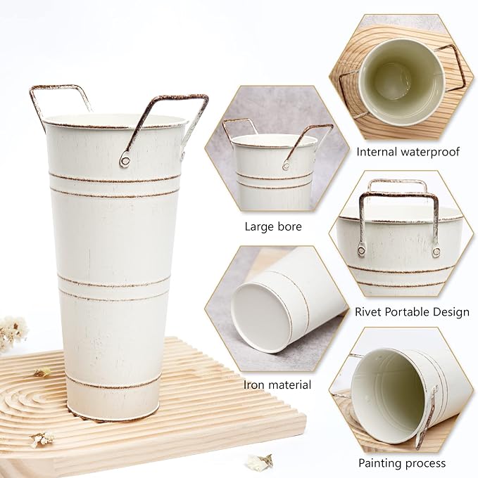 Notakia Galvanized Metal Vases Farmhouse French Flower Bucket Vases for Cut Flowers for Home Decor and Wedding Table Centerpiece Decorations (Beige Set of 8)