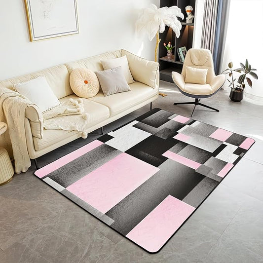 Abstract Pink Black Color Block Area Rug, Non Slip Living Room Rugs, Breathable Durable Carpet for Indoor Bedroom Conference Room Office Decor Rug - 5 ft x 7 ft