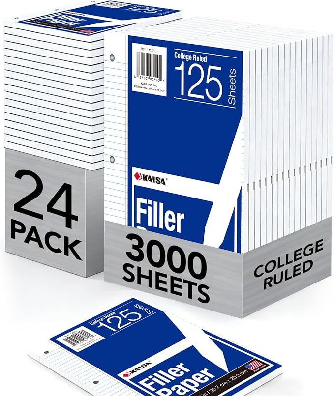 Kaisa Notebook Paper 24 Pack 8x10.5 College Ruled Loose Leaf Paper Filler Paper for 3-Ring Binder Paper 125 Sheets/Pack Notebook Paper 3-Hole Punched Lined Paper(24Pack-college)