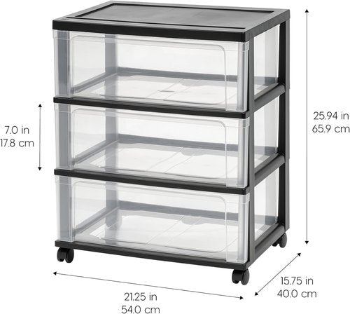 IRIS USA Rolling Drawer Storage Organizer Cart - 3 Spacious Drawers with Wheels | Black for Crafts & More