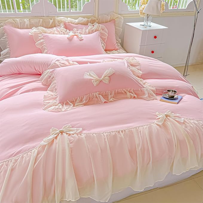 Girls Lace Bedding,Pink Full Comforter Cover Set, Chic Ruffled Duvet Cover with Lovely Bow,Princess Style 1 Duvet Cover with 2 Pillowcases, No Comforter-Pink,Full Size