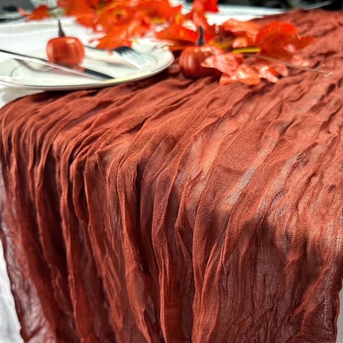 Booque Valley Fall Table Runner Terracotta Cheesecloth 10ft Soft Boho Wrinkled Decorative Gauze Sheer for Autumn Thanksgiving Holiday Party Centerpiece Decoration Table Decor, 35x120 Inch, 1 Pc
