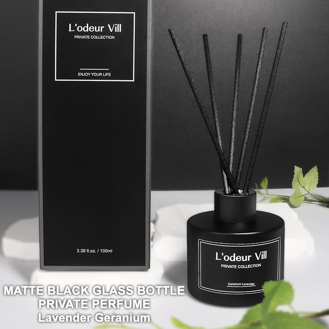 L'odeur Vill Reed Diffuser, 3.4oz(100ml) Lavender Geranium Diffuser Set with 6 Oil Diffuser Sticks, Matte Black Aroma Scent Diffuser, Long Lasting Home Fragrance for Bathroom Shelf Decor