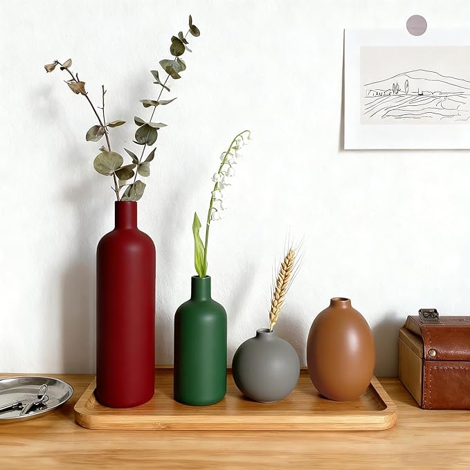 Modern Ceramic Vase Set – 4 Piece Rustic Decorative Vases for Boho Living Room Centerpieces, Entryway Decorations, Coffee Table, Bookshelf, Fireplace Mantel