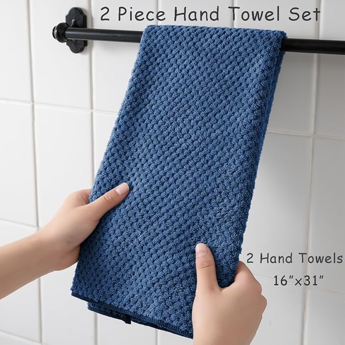 2 Pcs Navy Hand Towel Set 16"x31" Soft Highly Absorbent Quick Dry Bathroom Towels Polyester Plush Towels Set Woven Towels for Bathroom Kitchen Hotel Spa Gym