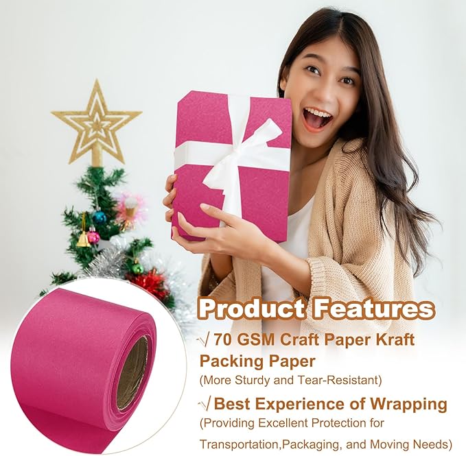 PATIKIL Wrapping Paper, 20" x 300"(25') 70 GSM Craft Paper Roll Kraft Packing Paper for Poster Bulletin Board, Gift Wrapping, Dark Pink