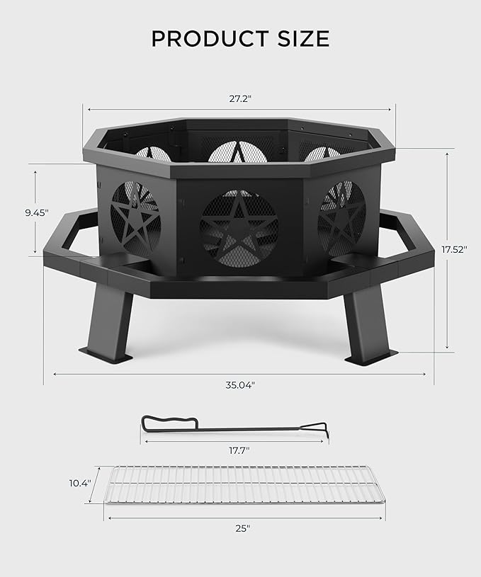 SUNOUTLY 35 inch Fire Pit, Outdoor Fire Pit Wood Burning Fire Pits with Cooking Grill, Large Firepits for Outside Octagonal Heavy Duty Firepit with Poker for Bonfire, Backyard, Patio, Picnic, Camping