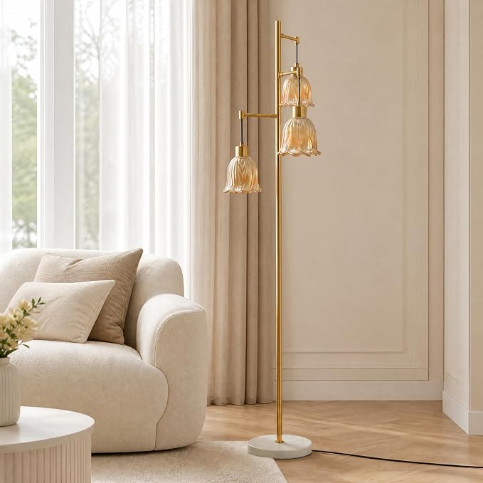 Gold 3-Light Glass Flower Floor Lamp, Mid Century Modern Brass Tree Standing Lamp, Vintage Boho Farmhouse Tall Floor Lamps for Living Room Bedroom Home Office