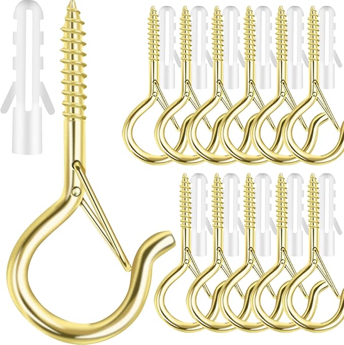FSAH 12 PCS Q-Hanger Hooks, Screw Hooks for Outdoor String Lights, Safety Buckle Design Cup Eye Hook for Hanging Christmas Lights, Plants, Wind Chimes, Mounted on Wall Ceiling, Windproof, Gold
