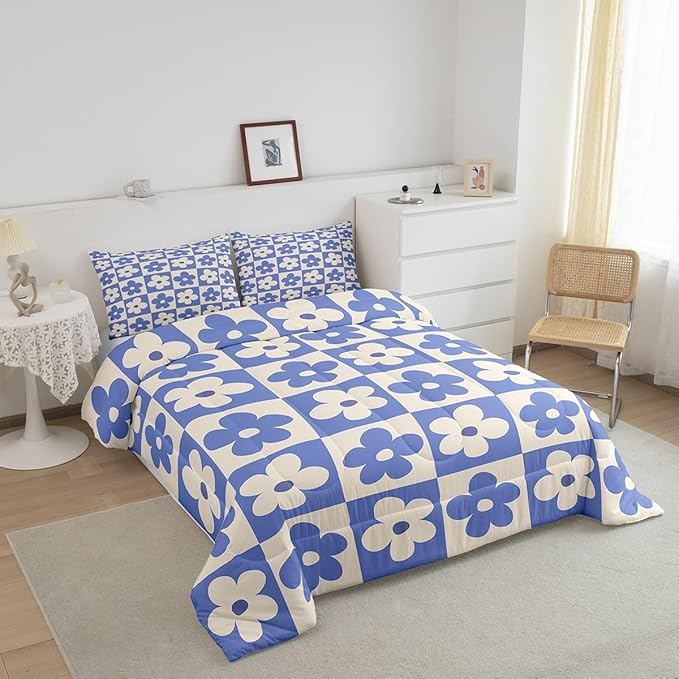 Castle Fairy Kids Cute Flowers Plaid Comforter Set Full Size,Blue and Cream Floral Checked Bedding Comforters for Girls Teens,Fashion Geometric Style Down Comforter with 2 Pillowcases,Chic