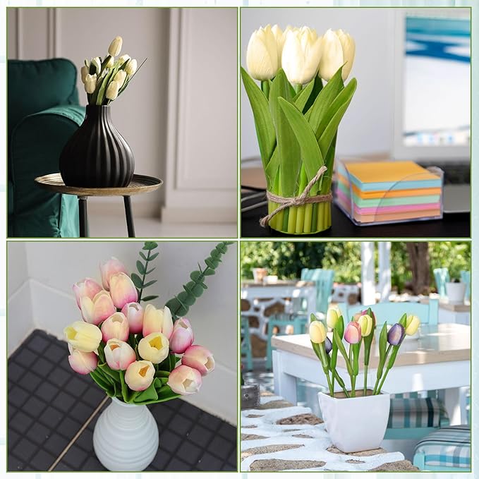 Janinka 100pcs Artificial Tulip Flowers Fake PU Tulips Faux Latex Bouquet Flower Centerpieces Arrangement Floral for Mother Day Wedding Spring Decorations (Milk White)