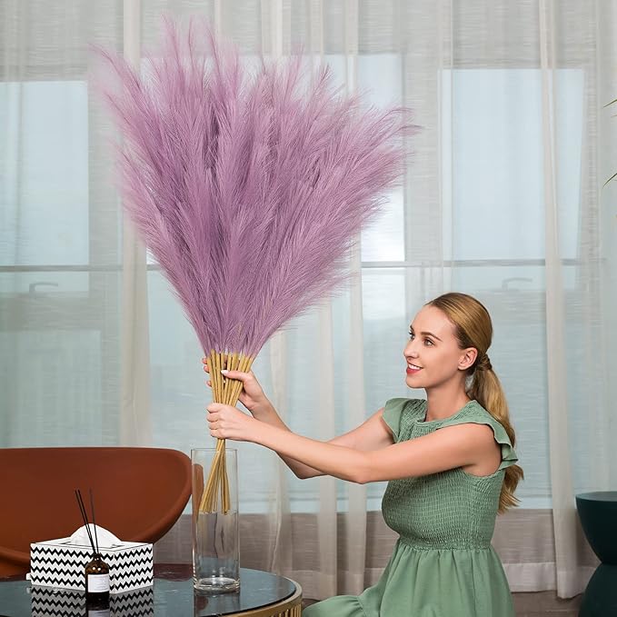 Pampas Grass Decor Tall, 43"/110cm Faux Pampas Grass 6 Stems Large Pompass Grass Branches Tall Bulk Boho Flower Arrangement for Home Room Wedding Party Decor (Light Purple)