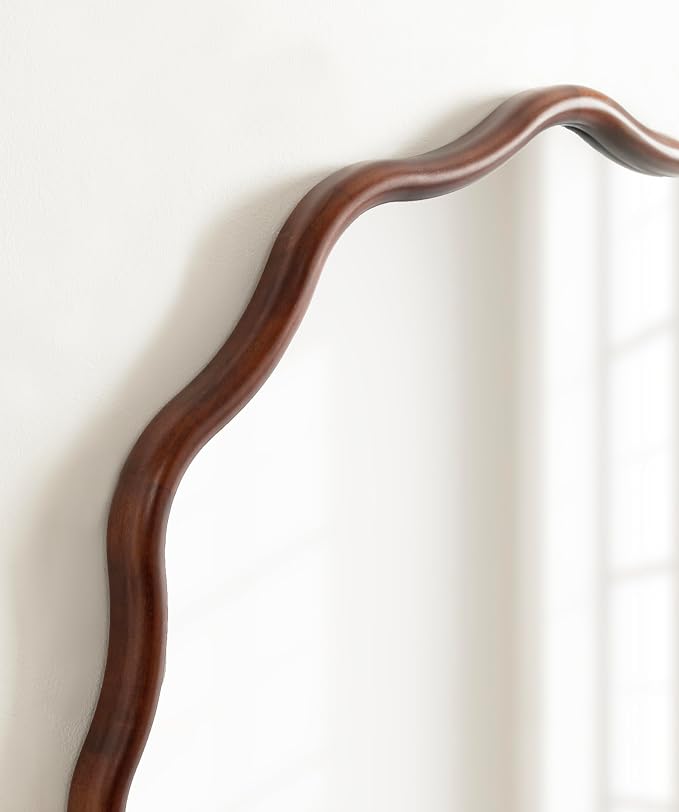 Kate and Laurel Talma Mid-Century Round Scalloped Wall Mirror; 30 Inch Diameter; Walnut Brown; Modern Circle Mirror with Solid Poplar Wood Frame and Rounded Frame Profile