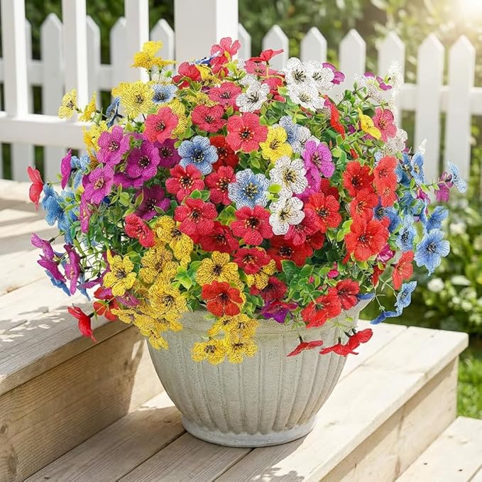 Artificial Spring Flowers Outdoor Faux Plants UV Resistant Fake Patio Flowers Plastic Greenery Plnats Outside Bulk for Spring Garden Hanging Planter Home Vase Decor, 12 Bundles (Multicolor)