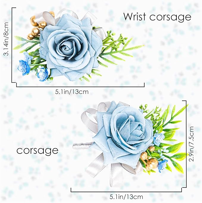 2 Pcs Blue Rose Wrist Corsage and Boutonniere Set, Rose Corsage Hand for Women, Boutonniere for Men Wedding Artificial Flowers Accessories Prom Decor, Wedding Flower Party Accessories (Blue)