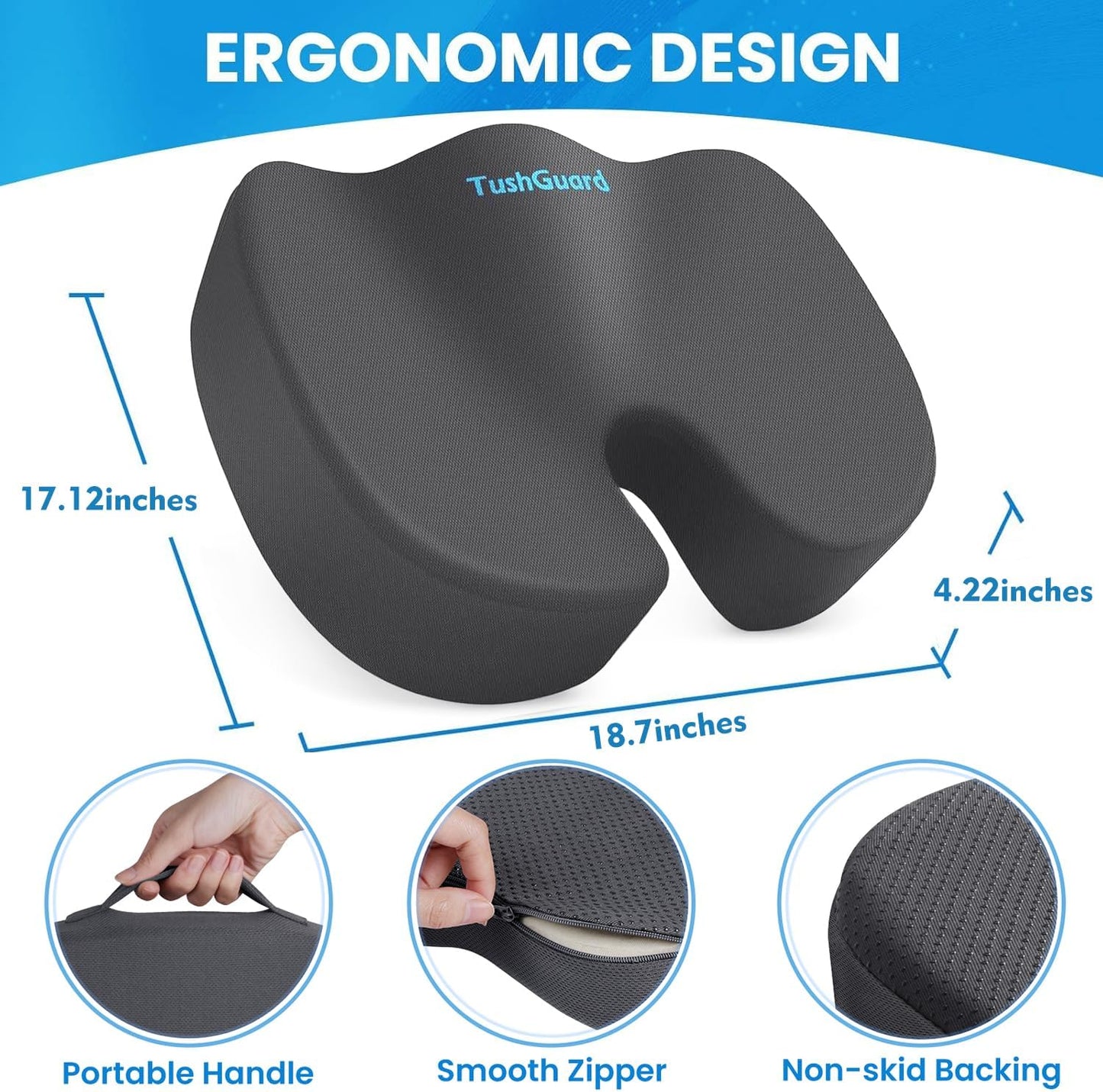 TushGuard Seat Cushion - Memory Foam Tailbone Pain Relief Pad for Office & Car | Non-Slip, XXL, Gray
