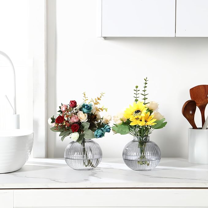 Round Glass Vases, Set of 2 Small Vases for Flowers, Black Glass Vase for Tulips, Modern Vase for Living Room, Office, Coffee Table, Shelf, Wedding, 5 Inches