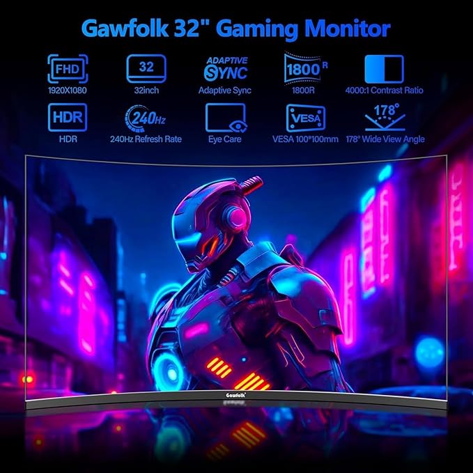 Gawfolk Curved 32 inch Gaming Monitor 240Hz PC Screen Full HD 1080P, Frameless 1800R Curved Computer Screen,FreeSync,178° Viewing Angle,Display Port、HDMI 2.0,Wall Mount Compatible 100x100MM-Black