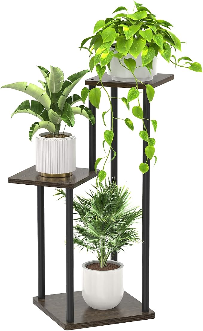 Oppro 3 Tier Plant Stand Indoor Outdoor, Wood Metal Flower Shelf Pot Holder Clearance, Tall Multiple Plants Corner Rack Aesthetic Organizer for Patio Orchid Office Porch Living Room Garden, Black Oak