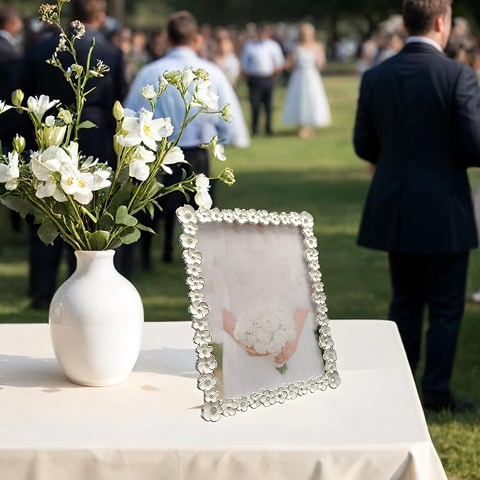 5X7 Wedding Picture Frame with Enamel Finis Glass Front - Ornate Antique White Flowers Photo Frame Tabletop/Wall Vintage Display Gifts for Women