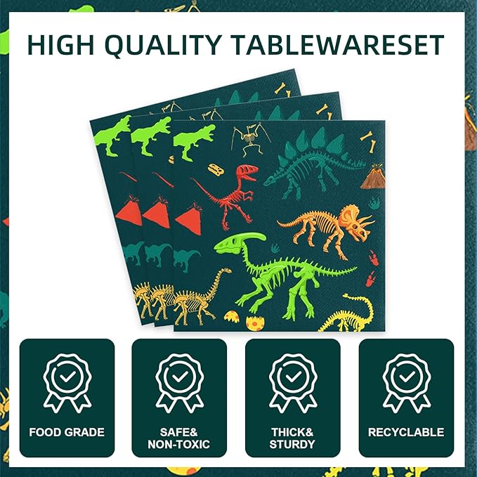 141pcs Dinosaur Birthday Decorations Kit Dinosaur Party Decorations with Trex Dino Plates, Cups, Forks, Knives, Straws,Napkins,Tablecloth for Boys Dino Themes Party Supplies Suitable for 20 Guests