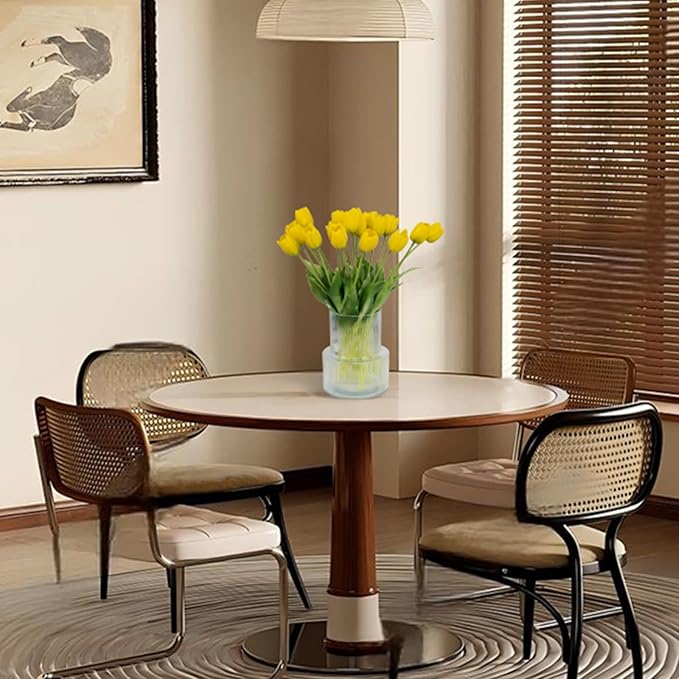 20 Artificial Tulips in Fluted Glass Vase, Waterproof Faux Flowers Bouquet for Wedding Home Office Decor, Table Centerpiece, Housewarming Birthday Gift Set (Yellow)