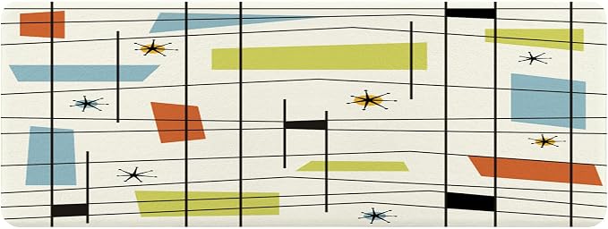 DYNH Mid Century Modern Abstract Geometric Bath Mat, Teal Blue Retro Grid Starbursts 19X31IN