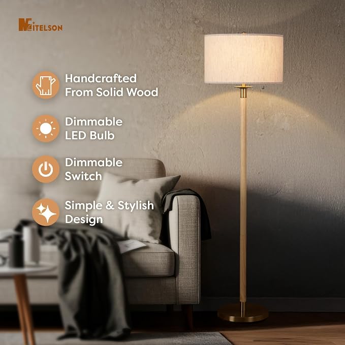 Floor Lamp, Modern Lamp with Dimmer Switch and Bulb, Mid Century Lamp with Linen Shade, Great Living Room Décor, Tall Lamp, Standing Lamp for Bedroom and Office, Natural Wood