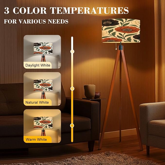 Wood Tripod Floor Lamp Boho Brown Green Orange Peony Floral Vintage Peony Flowers Various Mid Century Standing Lamp Linen Shade Dimmable Modern Tall lamp Home Decor for Living Room Bedroom Office