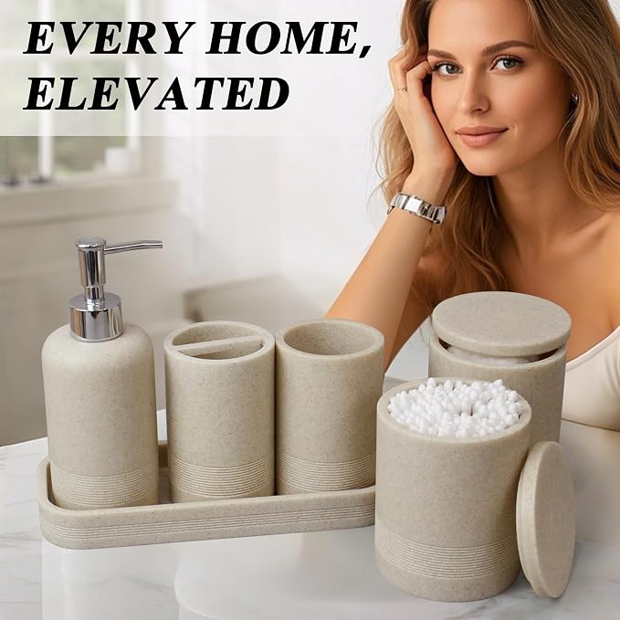 LIN CHUAN 6-Piece Bathroom Accessories Set, Bathroom Accessory Set with Soap Dispenser, Toothbrush Holder Set, Vanity Tray, Tumbler & 2 Cotton Swab Jars, Modern Stylish Bathroom Organizer(Beige)