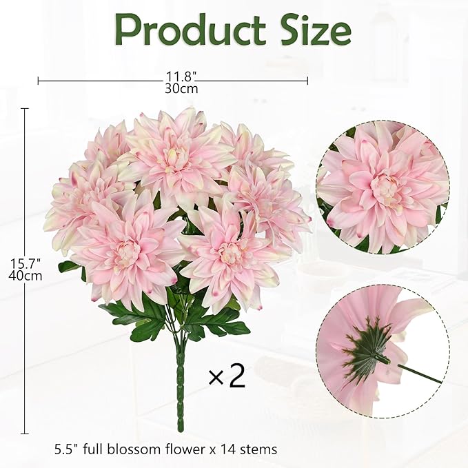 Hollyone 2Pcs Pink Artificial Dahlia Flowers Bush 7 Heads Silk Fake Dahlias Flowers with Stems Wedding Bouquets Faux Dahlia Flowers Arrangements for Outdoor Indoor DIY Table Centerpieces Home Decor