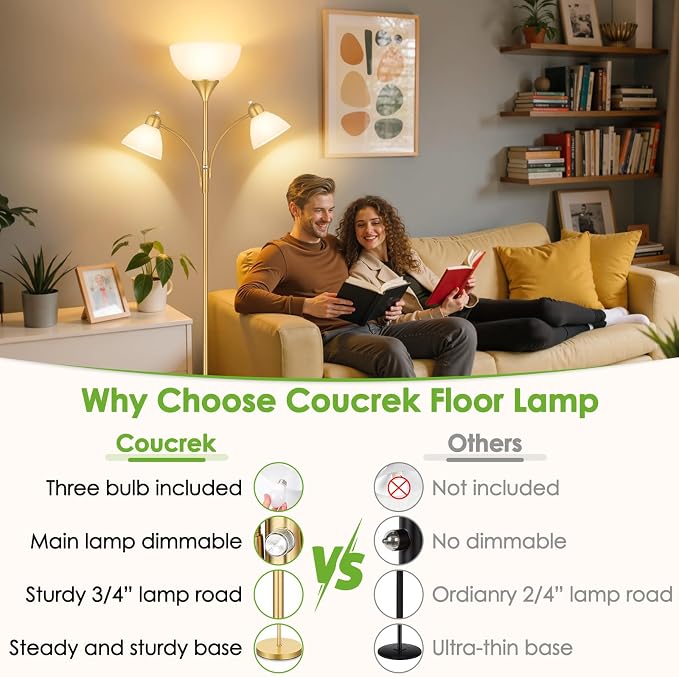 Coucrek Floor Lamp for Living Room,72" Dimmable Torchiere Lamp with 2 Reading Lights for Bedroom, Gold Tall Standing Room Lamp, 3 Bulbs Included
