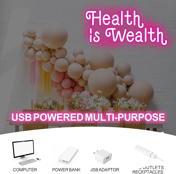 Health is Wealth Neon Sign,Health Decor Light,Fitness Club Decor,Gym Led Wall Decor,Inspirational Quote Sign,Health Gift,Mother's Day gift, Encouraging Light, Pink Led light for Bedroom, Club, gifts For Women
