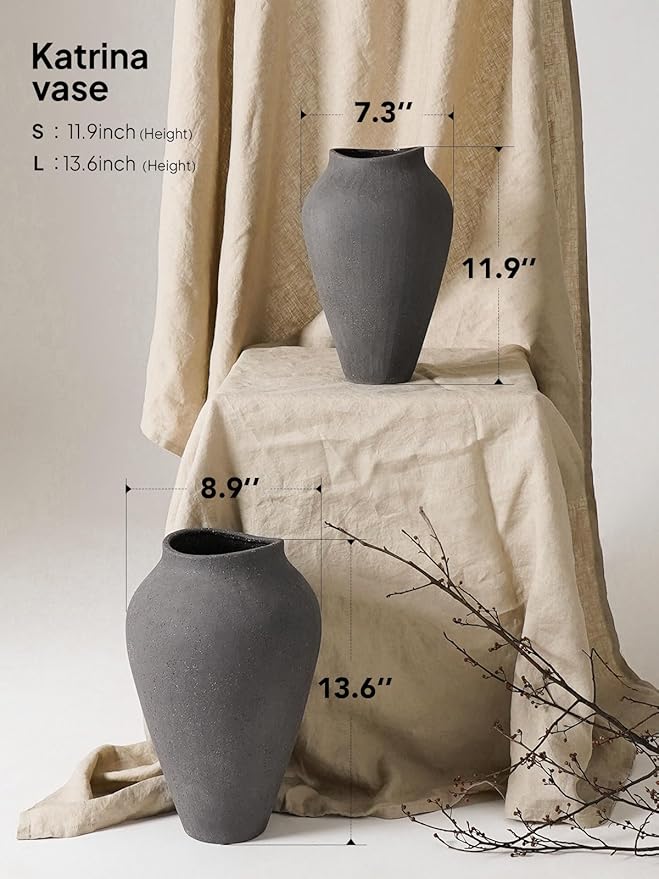 Ceramic Vase - Large 13.6 Inch Tall Floor Vase for Centerpieces, Farmhouse Rustic Minimalist Home Decor for Living Room, Enterway, Wedding (Sandstone Dark Gray)